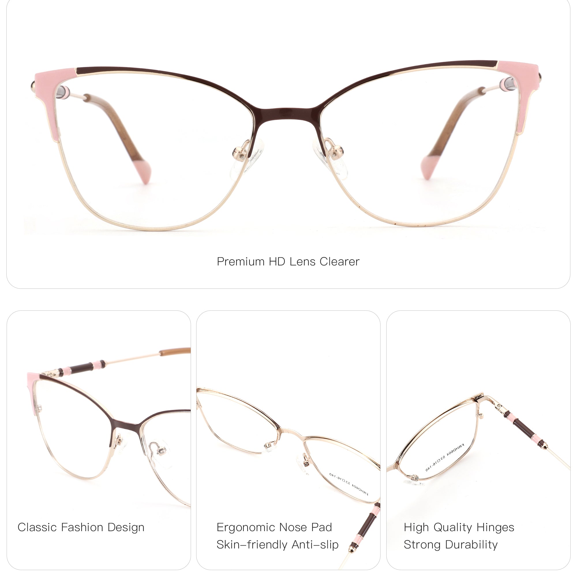 Zenottic Rosemary eyeglasses in pink and gold, cat-eye design, FRHD604, with ergonomic nose pad, and high quality hinges.