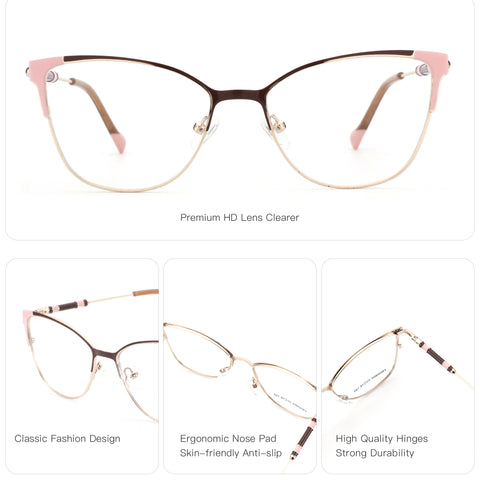 Zenottic Rosemary eyeglasses in pink and gold, cat-eye design, FRHD604, with ergonomic nose pad, and high quality hinges.
