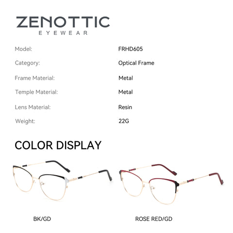 Zenottic eyeglasses FRHD605 metal frame color display: gold/black and rose red/gold options