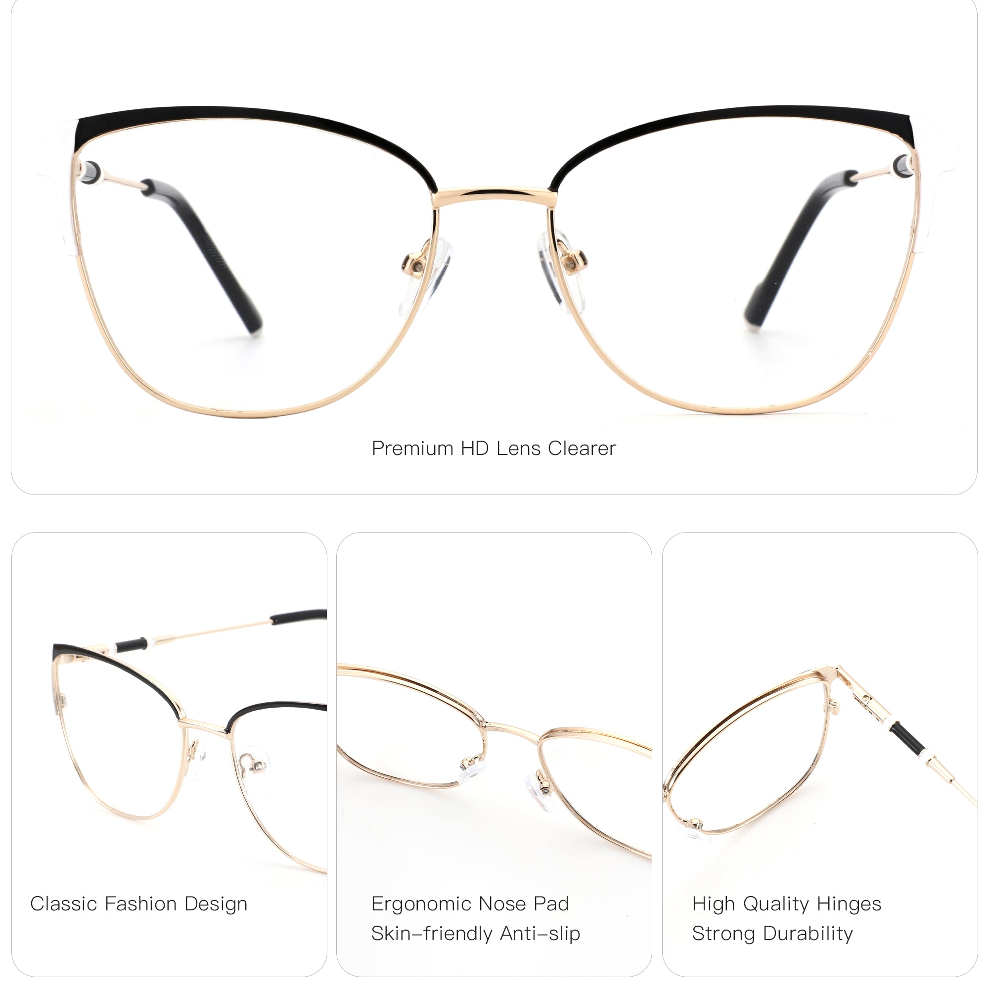 Zenottic Marina eyeglasses FRHD605 gold frame with black accents, classic design, HD lenses, ergonomic nose pads