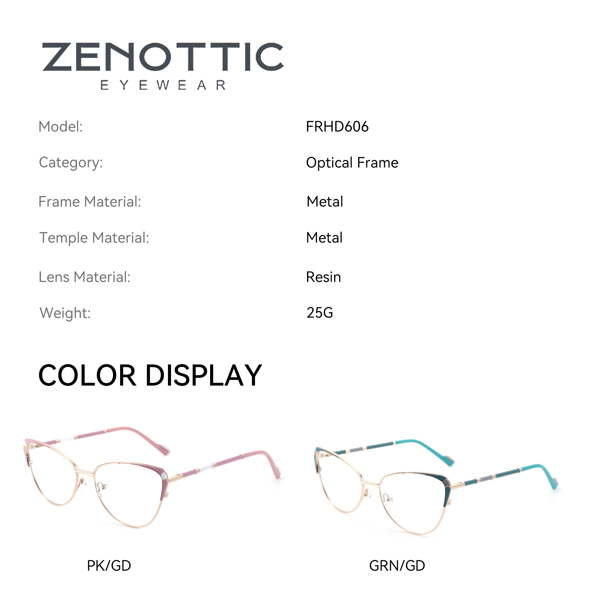 Zenottic Susan cat-eye eyeglasses color display: PK/GD (pink/gold) and GRN/GD (green/gold) metal frame.