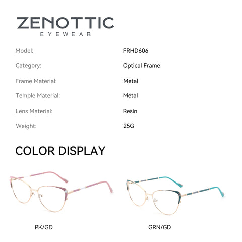 Zenottic Susan cat-eye eyeglasses color display: PK/GD (pink/gold) and GRN/GD (green/gold) metal frame.