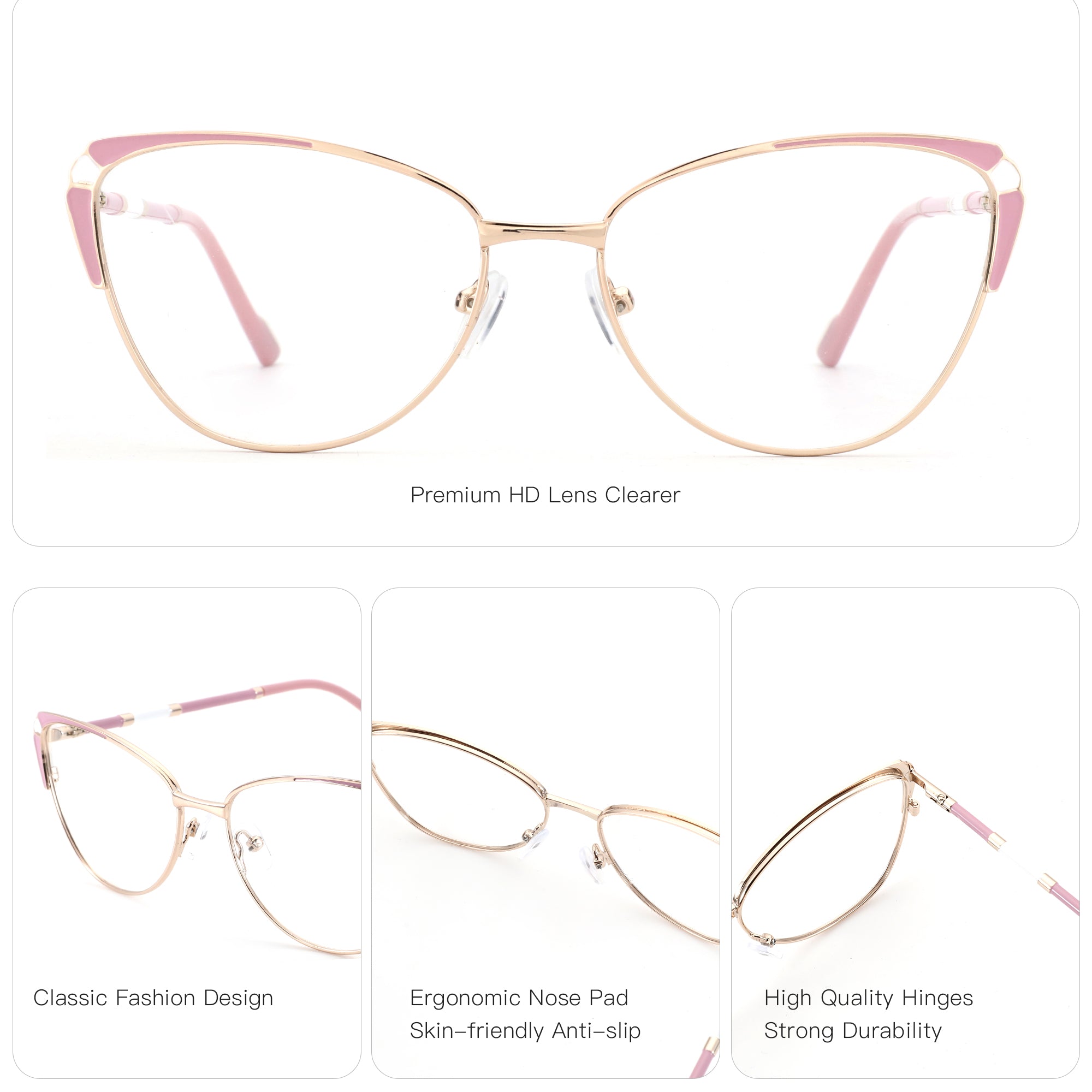 Zenottic Susan cat-eye eyeglasses with gold metal frame and pink accents; FRHD606 54 16-140; Classic Fashion Design