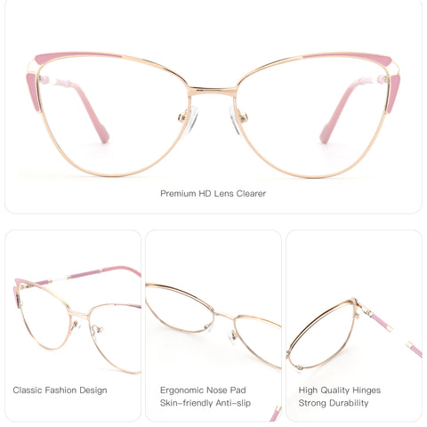 Zenottic Susan cat-eye eyeglasses with gold metal frame and pink accents; FRHD606 54 16-140; Classic Fashion Design