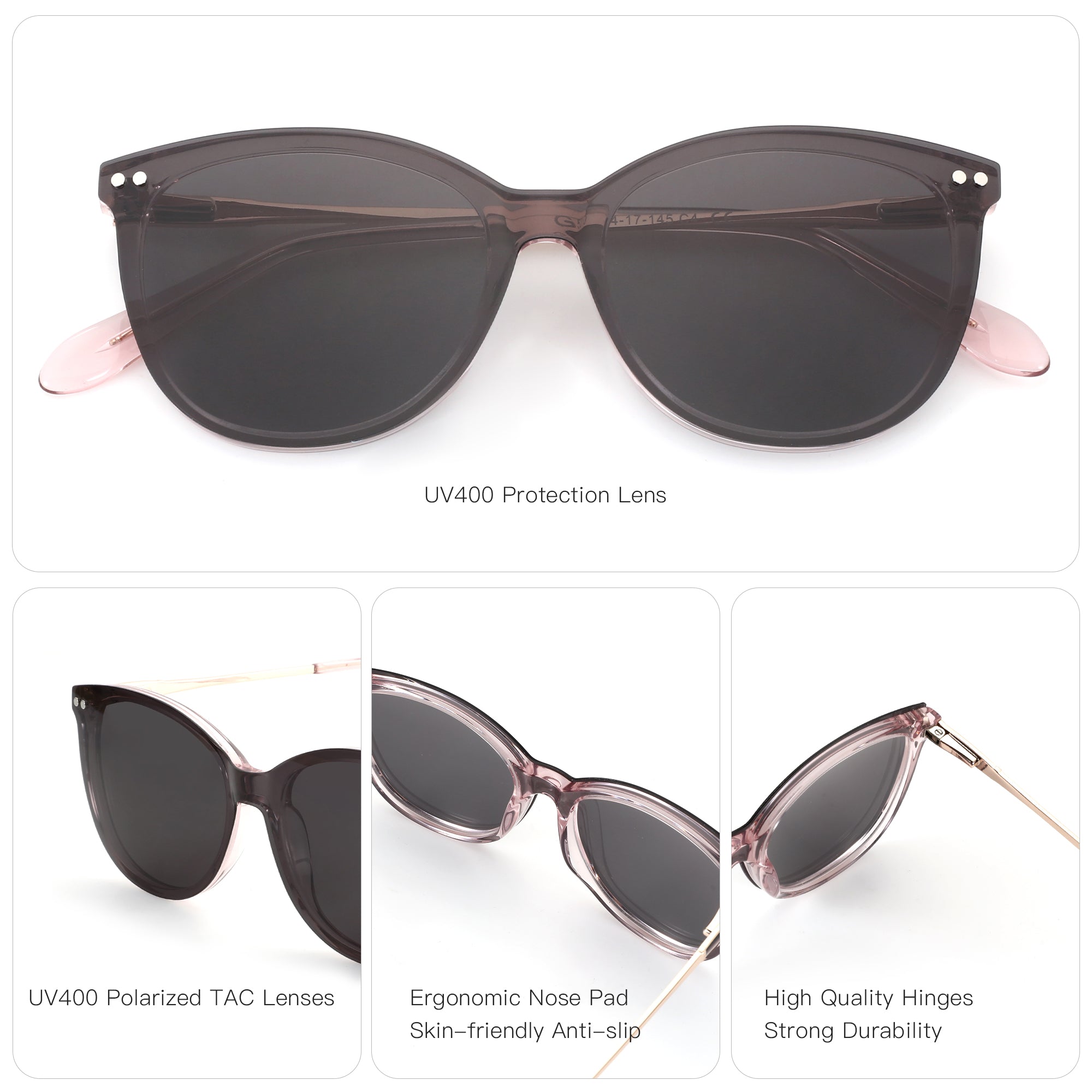 Zenottic Odelette sunglasses with pink acetate frame, UV400 polarized TAC lenses, and rose gold temples.