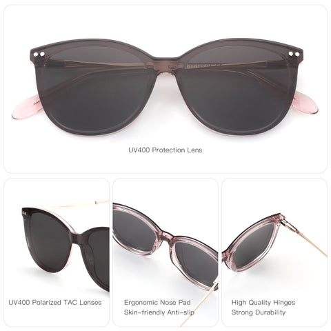 Zenottic Odelette sunglasses with pink acetate frame, UV400 polarized TAC lenses, and rose gold temples.