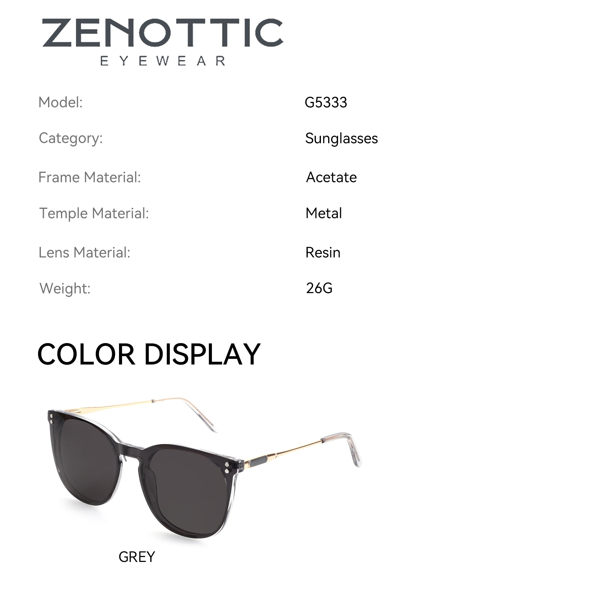 Zenottic Rebecca grey acetate frame sunglasses with metal temples and grey resin lenses.