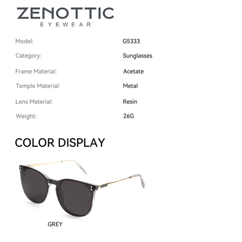 Zenottic Rebecca grey acetate frame sunglasses with metal temples and grey resin lenses.