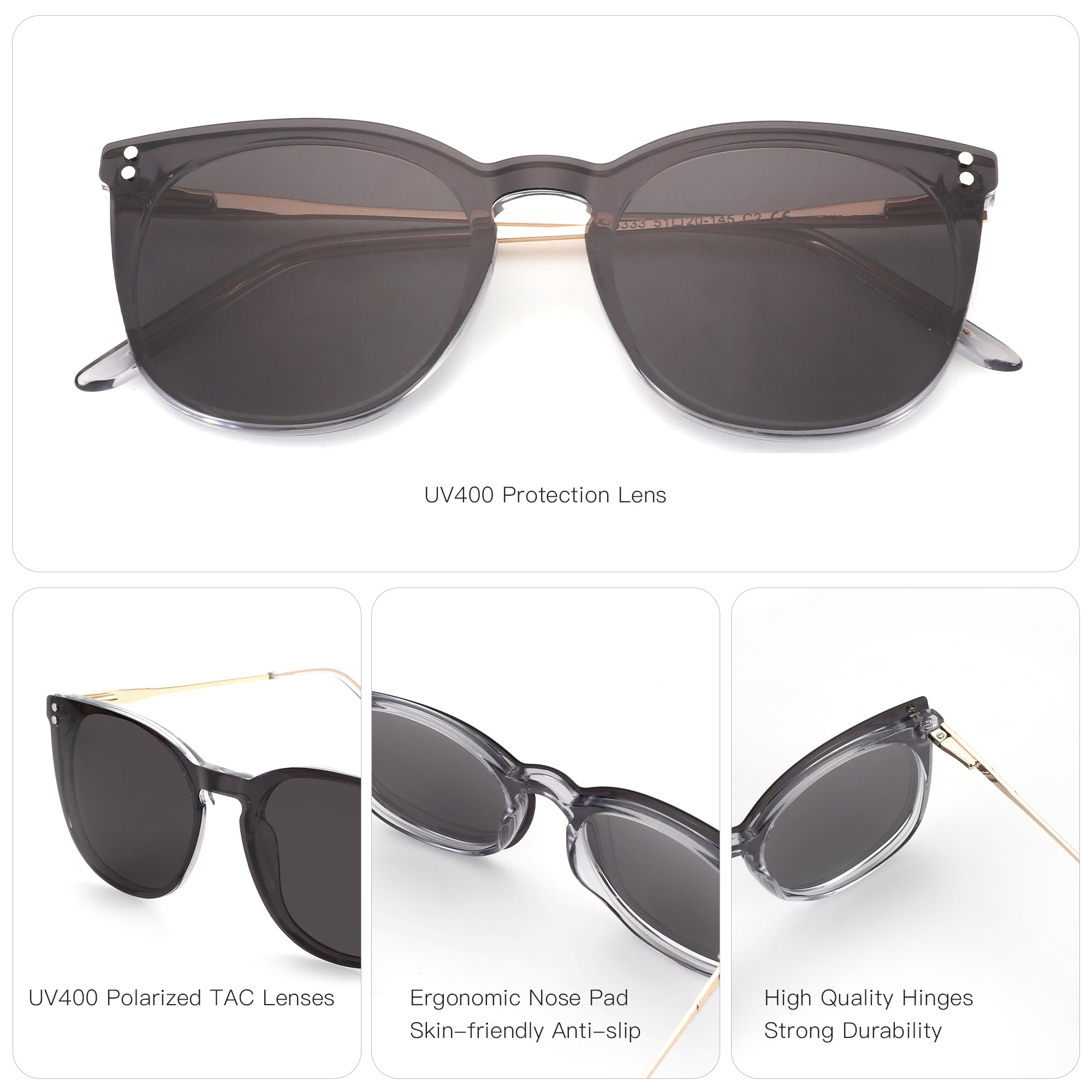 Zenottic Rebecca grey round sunglasses with UV400 polarized TAC lenses, ergonomic nose pad, and durable hinges.