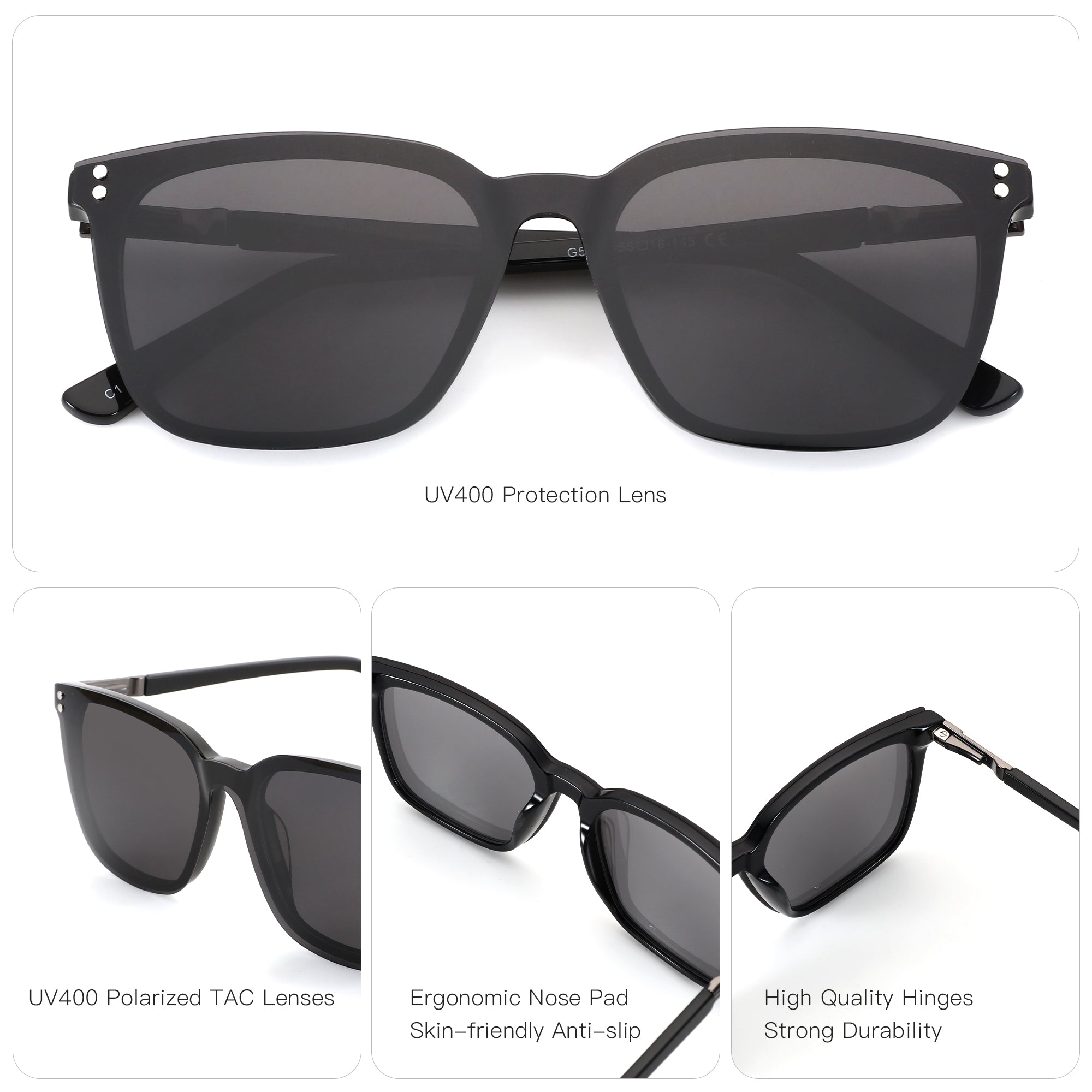 Zenottic black square sunglasses with UV400 polarized lenses and durable hinges.
