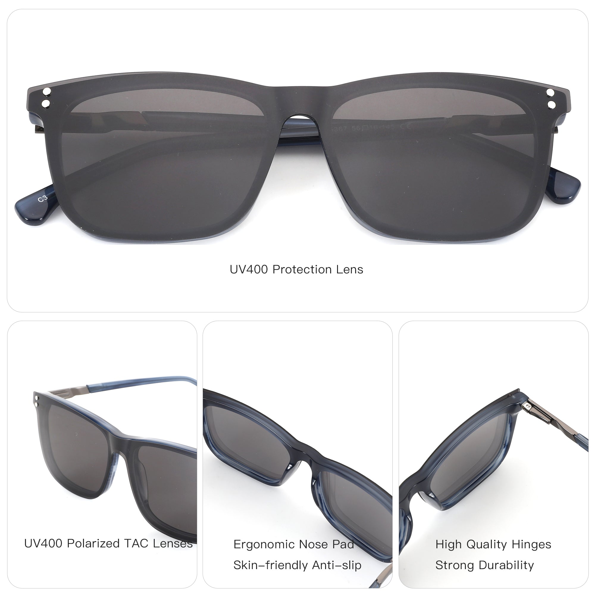 Zenottic Lawrence black acetate classic square sunglasses with UV400 polarized lenses.
