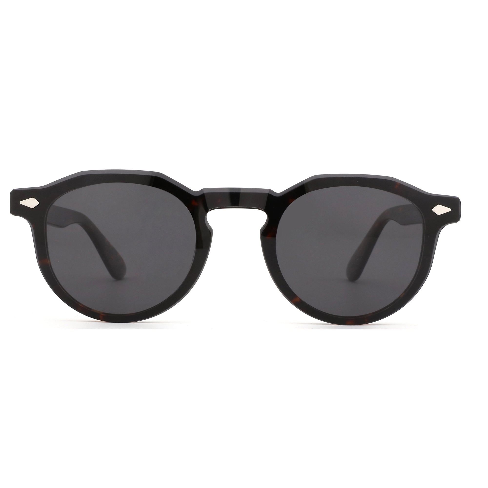 ZENOTTIC Miscedence geometric sunglasses with tortoise acetate frame and dark lenses.