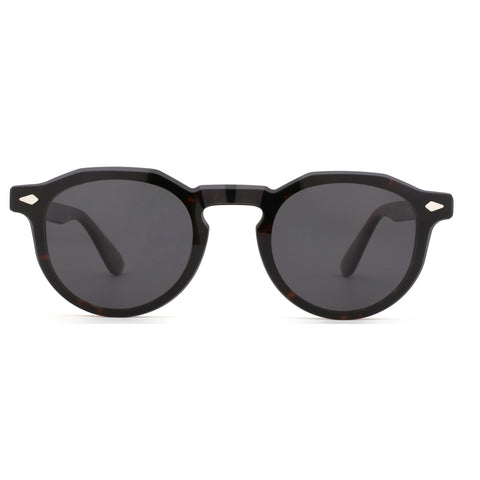 ZENOTTIC Miscedence geometric sunglasses with tortoise acetate frame and dark lenses.