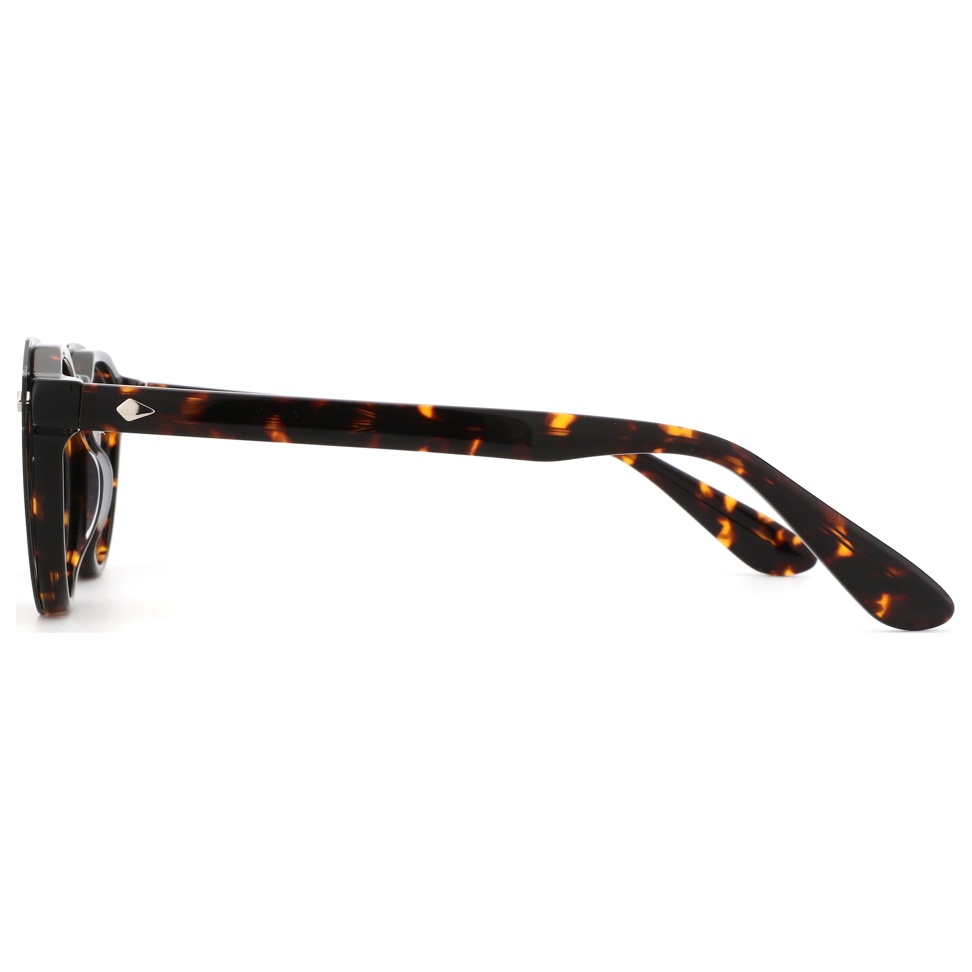 Zenottic Miscedence tortoise shell acetate sunglasses with silver detail, side view.