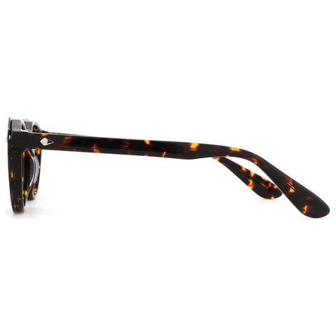 Zenottic Miscedence tortoise shell acetate sunglasses with silver detail, side view.