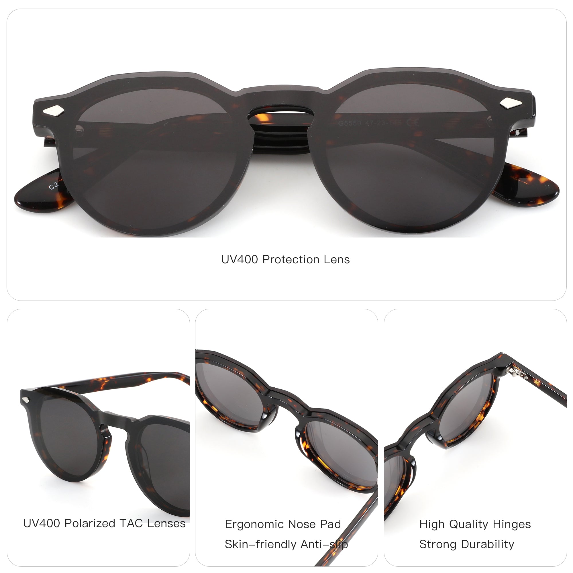 ZENOTTIC Miscedence geometric sunglasses with acetate tortoise shell frame and UV400 lenses.