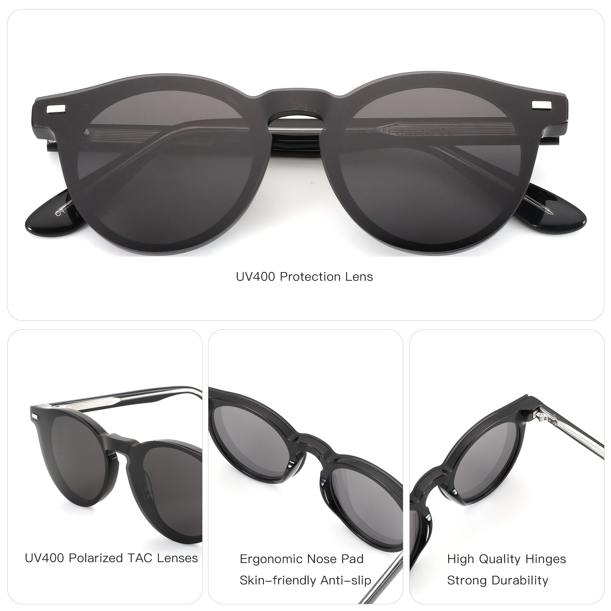 ZENOTTIC Cinta sunglasses: Black acetate frame, vintage round style, polarized UV400 TAC lenses, ergonomic nose pads.
