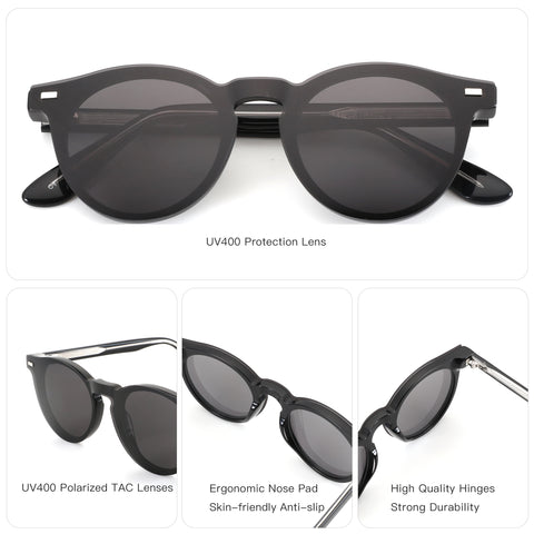 ZENOTTIC Cinta sunglasses: Black acetate frame, vintage round style, polarized UV400 TAC lenses, ergonomic nose pads.