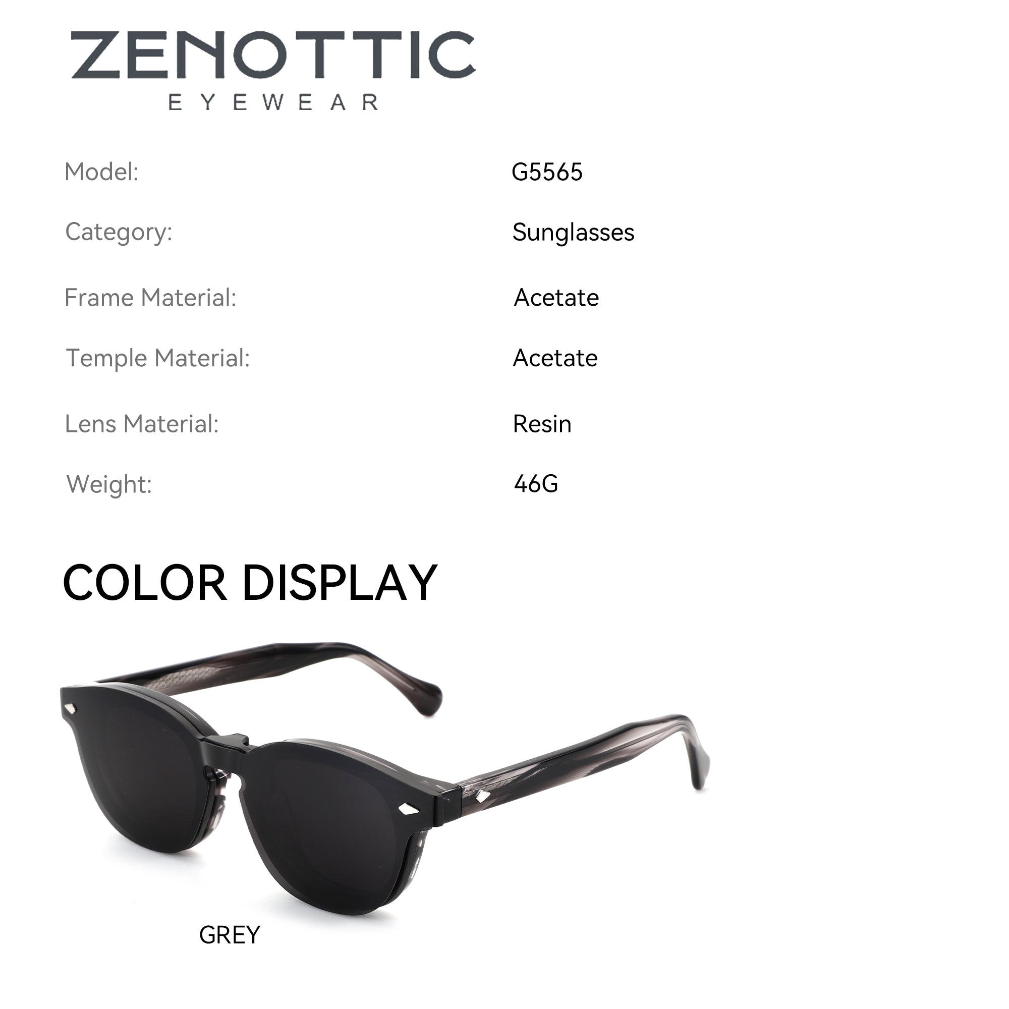 Zenottic G5565 round grey acetate sunglasses with polarized resin lenses and marbled temples.