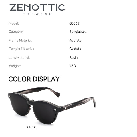 Zenottic G5565 round grey acetate sunglasses with polarized resin lenses and marbled temples.