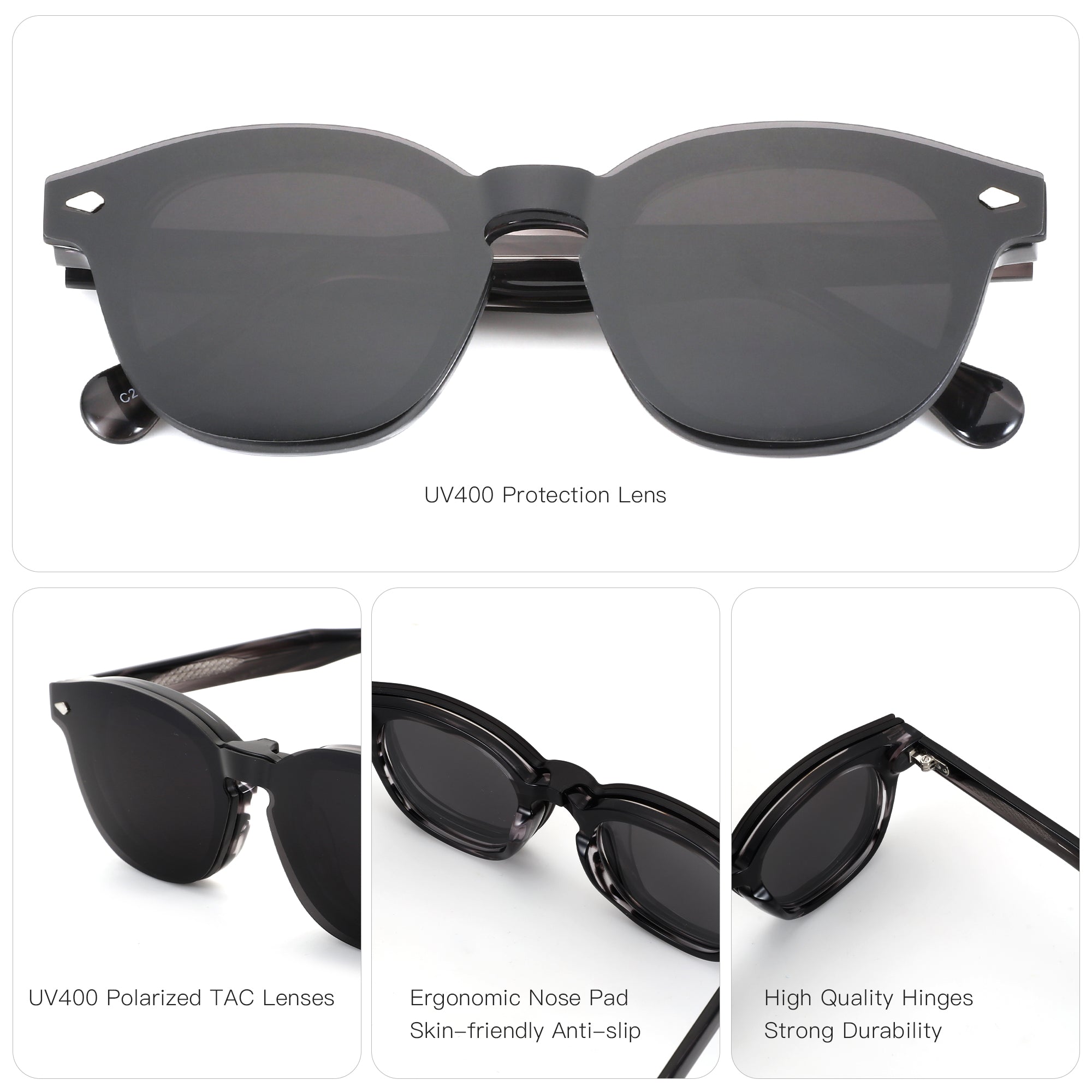 Zenottic Mitchell black acetate round sunglasses with polarized lenses and UV400 protection.