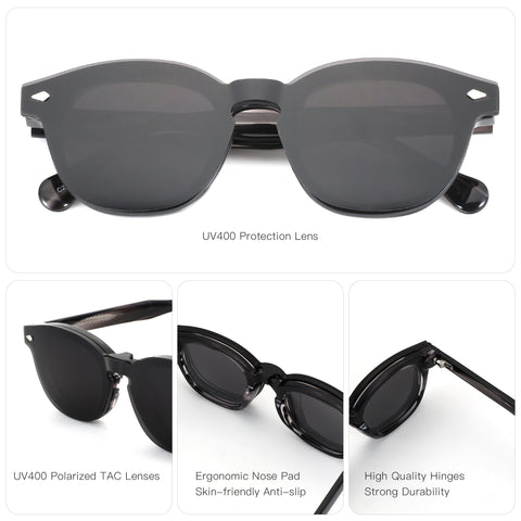 Zenottic Mitchell black acetate round sunglasses with polarized lenses and UV400 protection.
