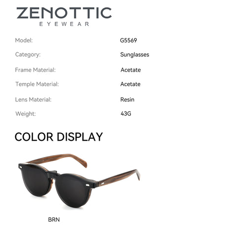 Zenottic Penny round sunglasses: black acetate frame, wood temples, dark UV400 lenses. Product appearance.