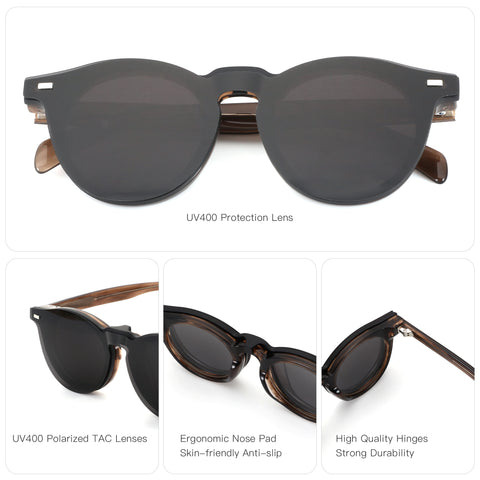 Zenottic Penny round sunglasses: brown acetate, wood temples, dark UV400 lenses. Features shown.