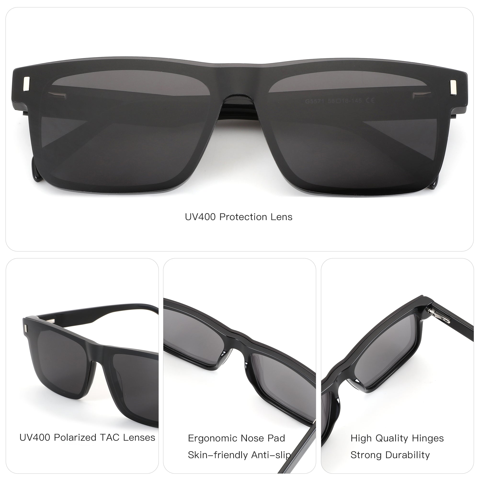 ZENOTTIC Greg black acetate square sunglasses, UV400 polarized TAC lenses.