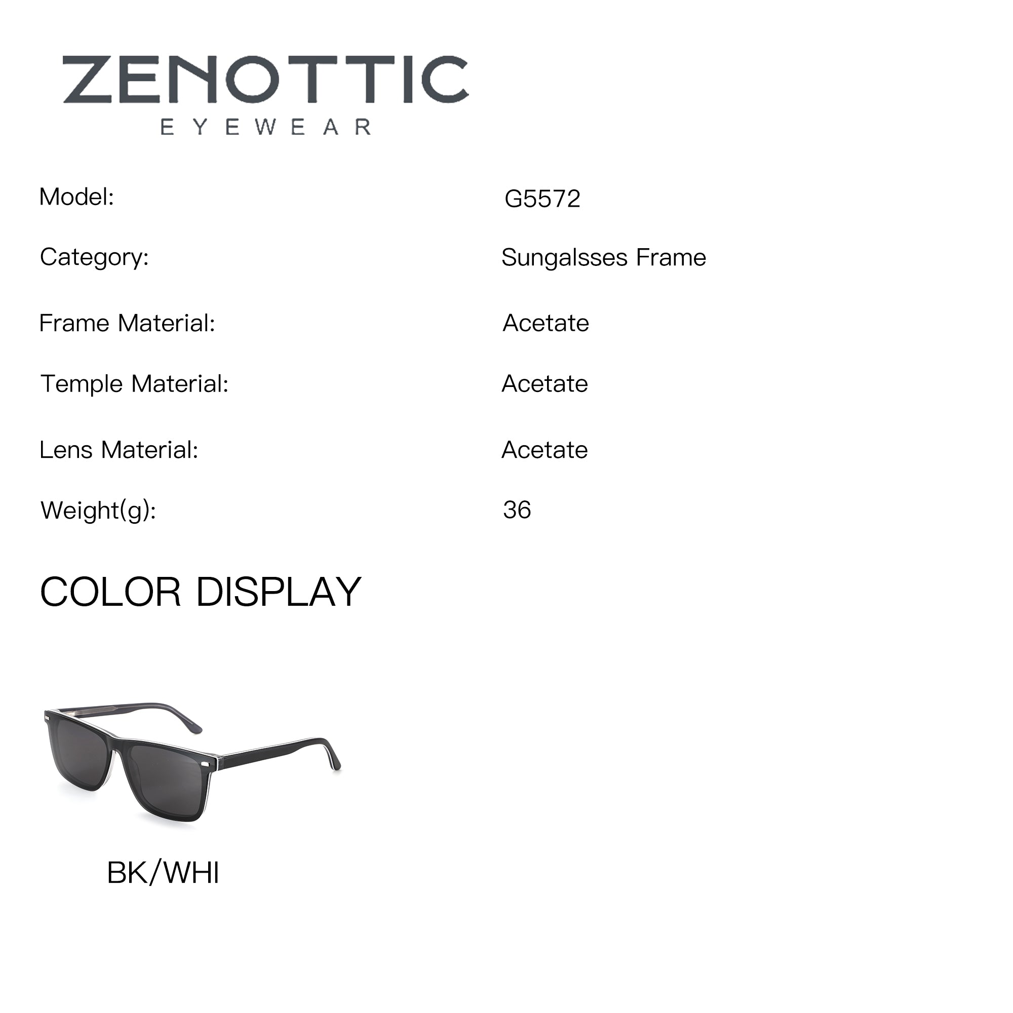 Zenottic Ellis G5572 sunglasses, black/white acetate square frame.