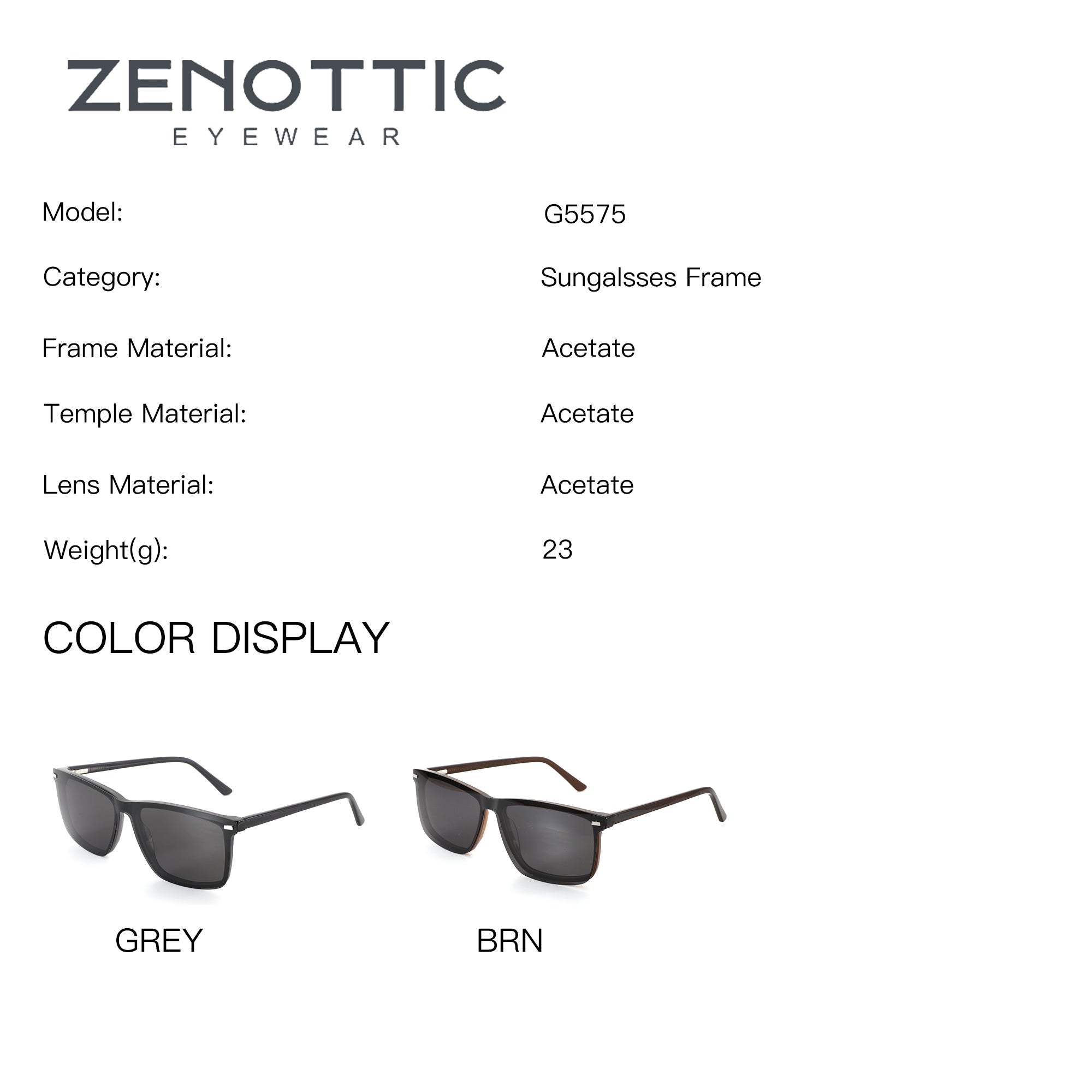 Zenottic G5575 men's square acetate sunglasses in Grey and Brown color options.