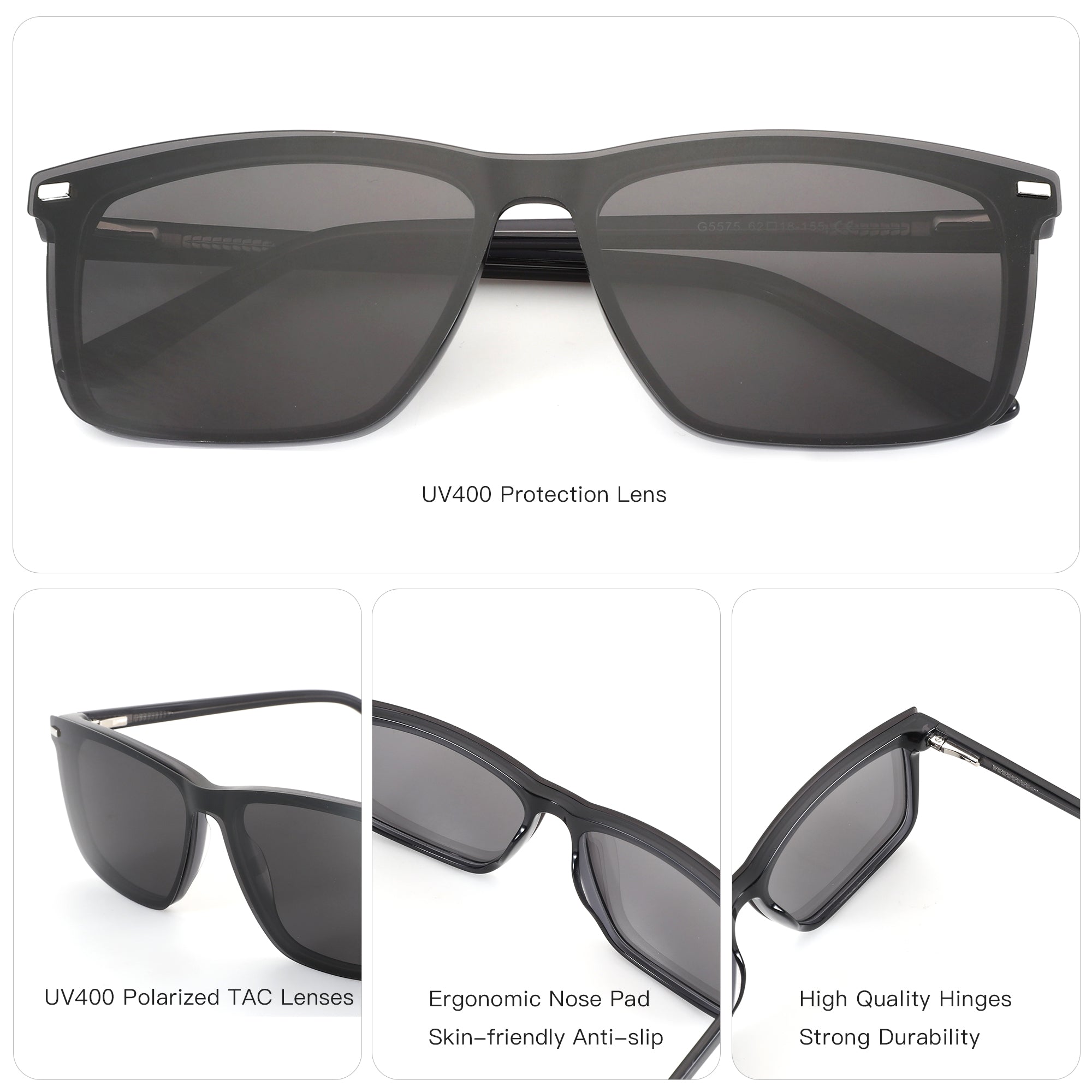 Zenottic King men's square black acetate sunglasses, UV400 polarized lenses