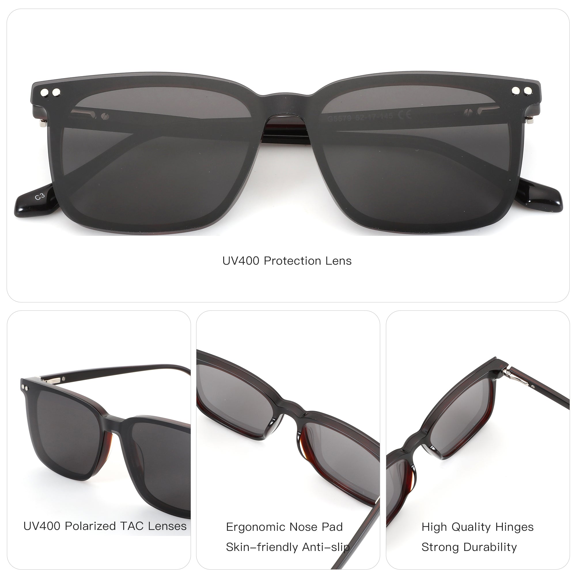 ZENOTTIC Jim square sunglasses: black acetate frame, UV400 polarized TAC lenses.