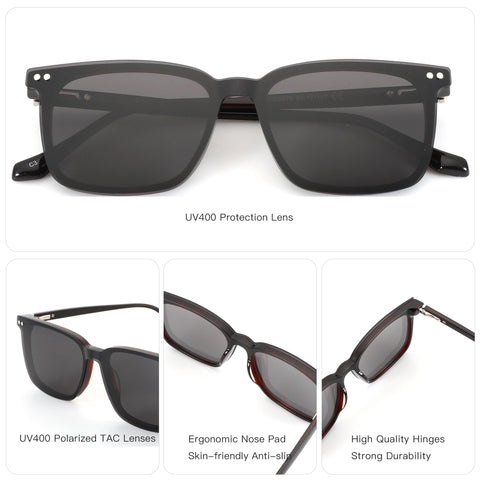 ZENOTTIC Jim square sunglasses: black acetate frame, UV400 polarized TAC lenses.