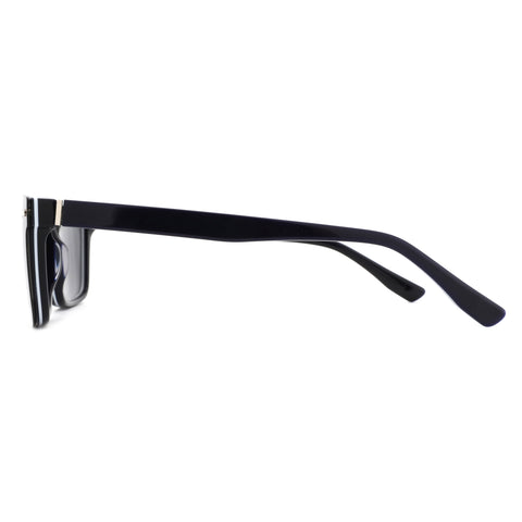 Zenottic Jeremy square sunglasses, black acetate with white stripe detail, side view.