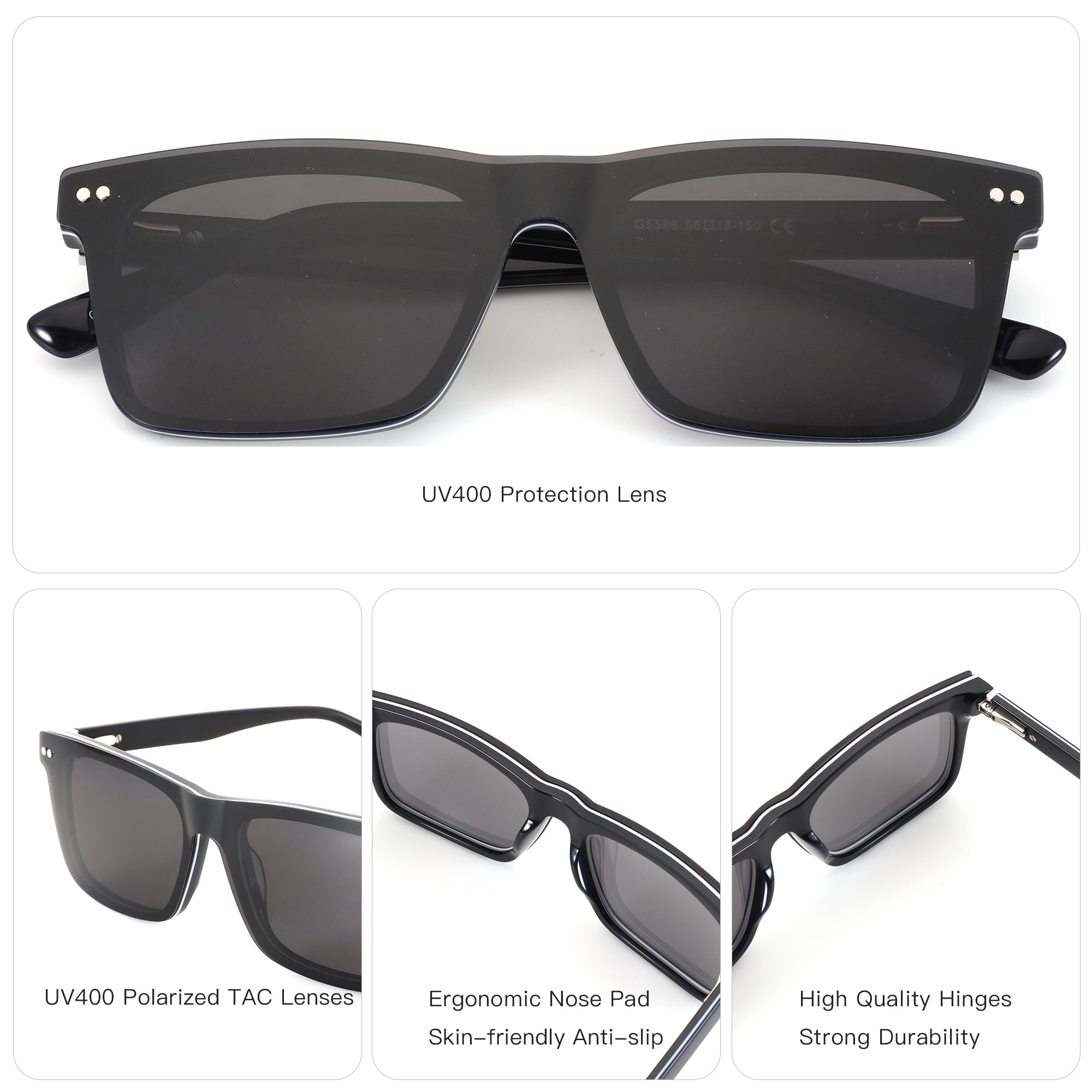 Zenottic Jeremy square black polarized sunglasses, acetate frame, UV400
