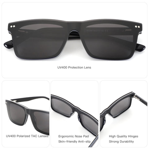 Zenottic Jeremy square black polarized sunglasses, acetate frame, UV400