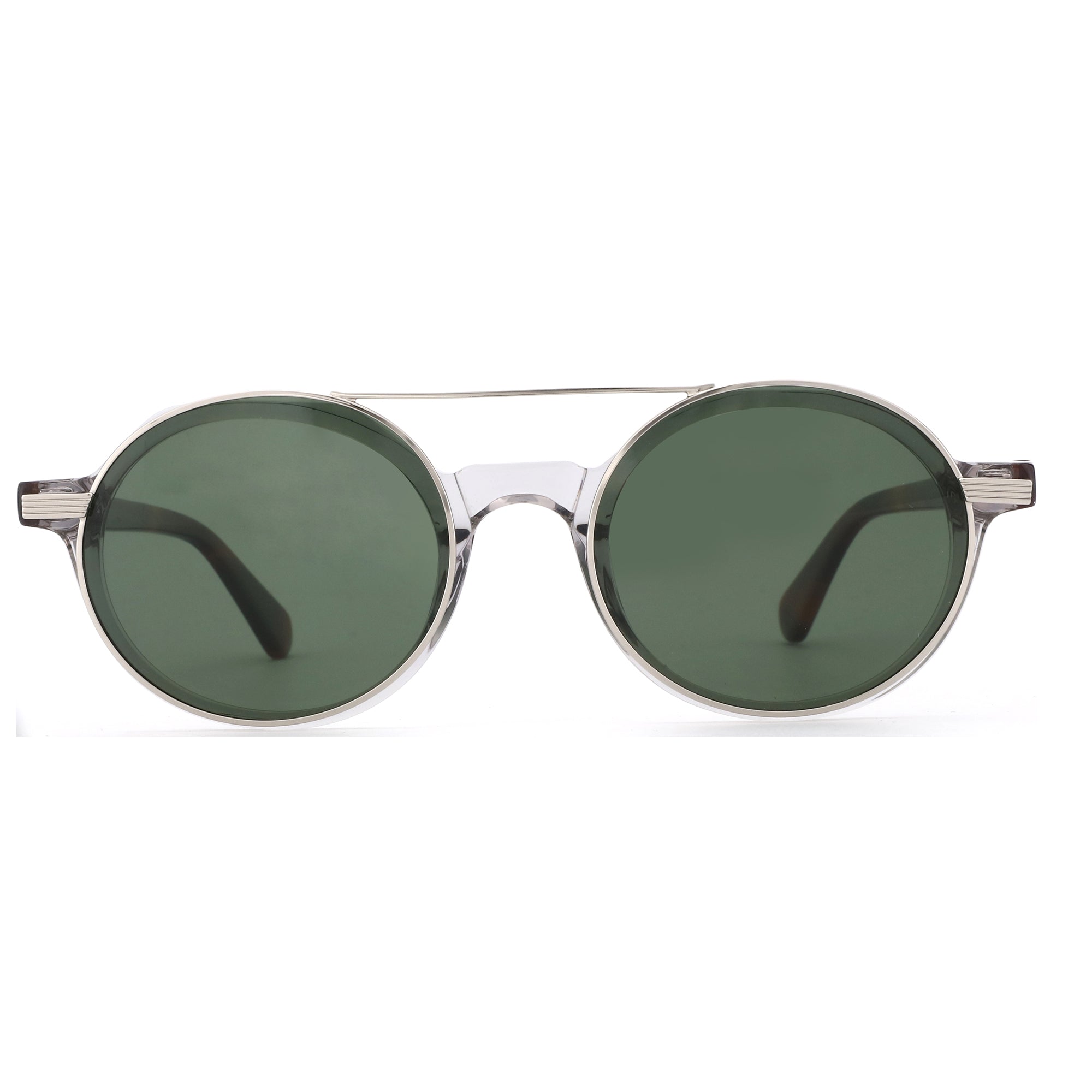 Zenottic Ivan round men's sunglasses with clear acetate frame and green UV400 lenses.