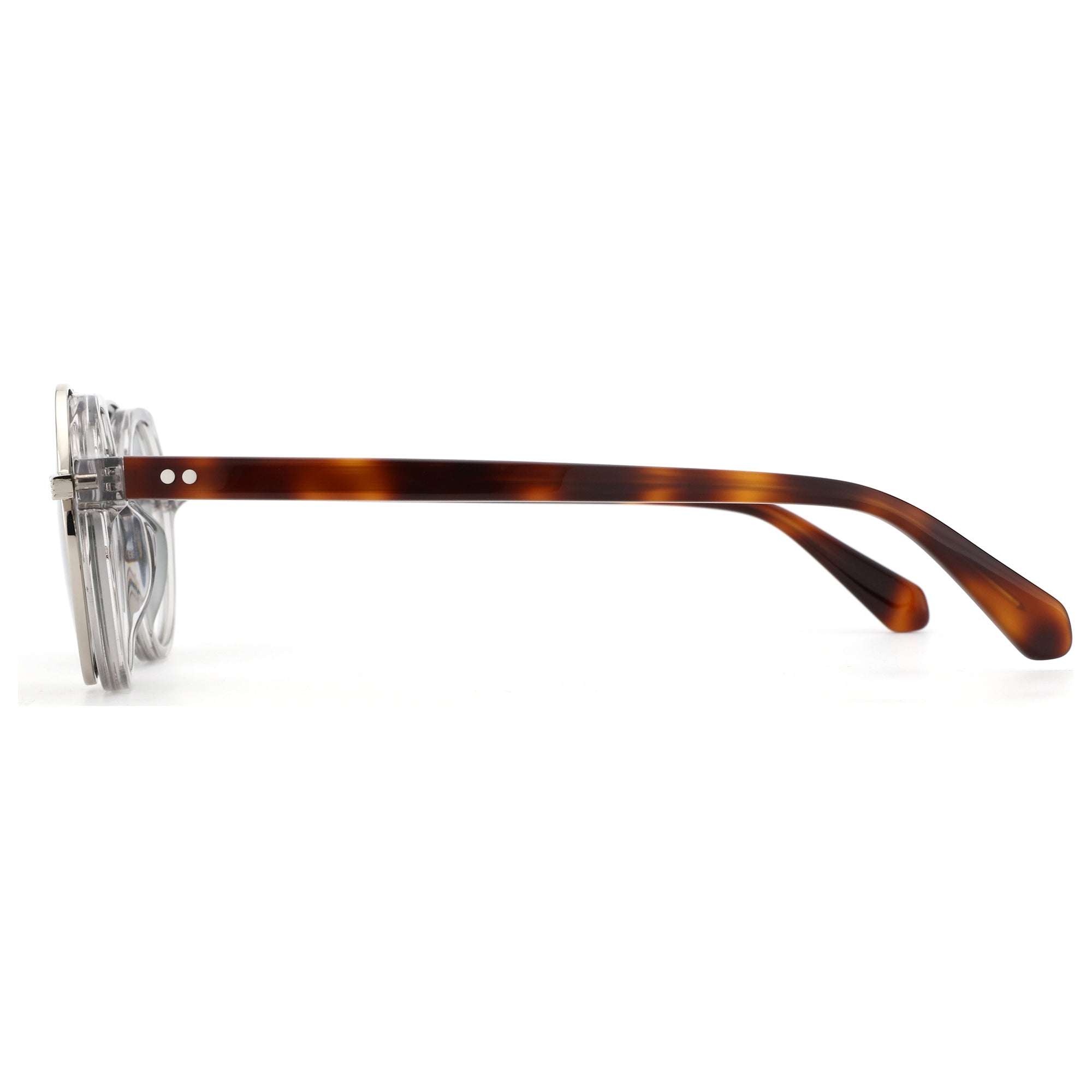 Zenottic Ivan sunglasses: clear acetate front, tortoise shell temples, men's round style.