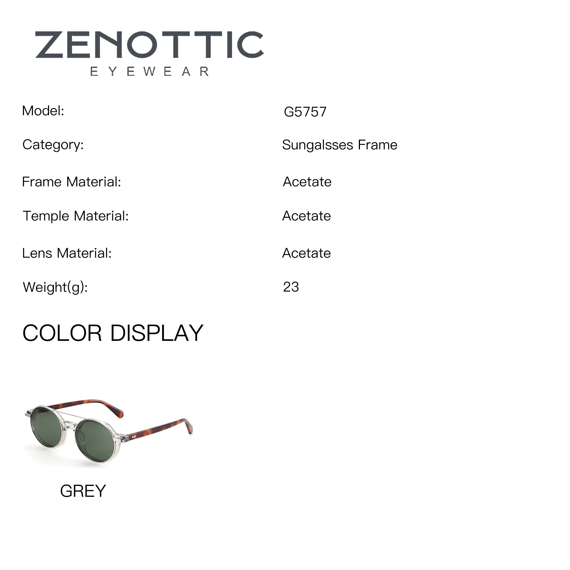 Zenottic Ivan grey round acetate sunglasses with tortoiseshell temples and green lenses
