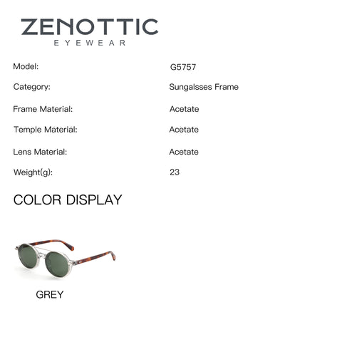 Zenottic Ivan grey round acetate sunglasses with tortoiseshell temples and green lenses