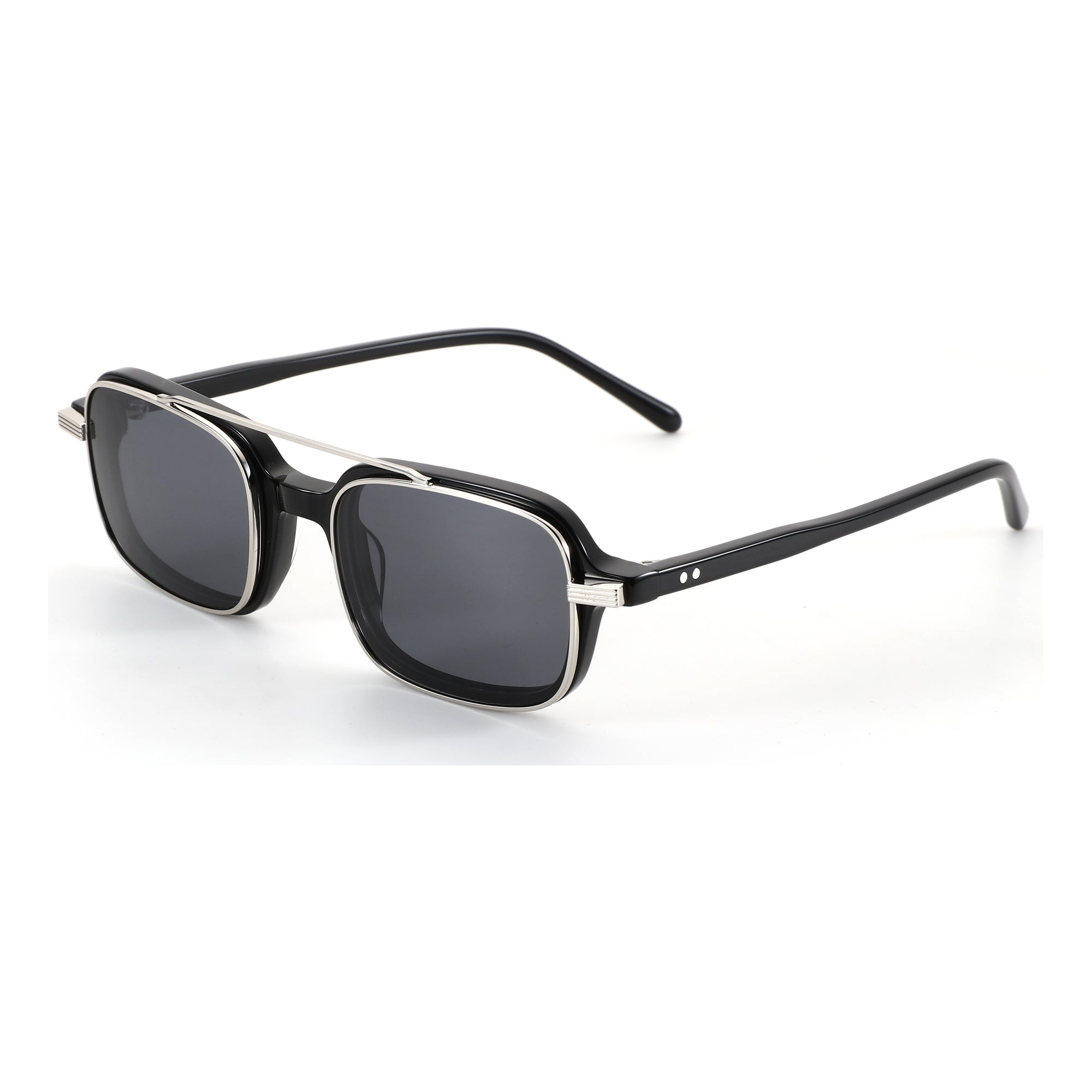 Zenottic Ives square sunglasses: black acetate frame, silver double bridge, dark grey UV400 lenses.