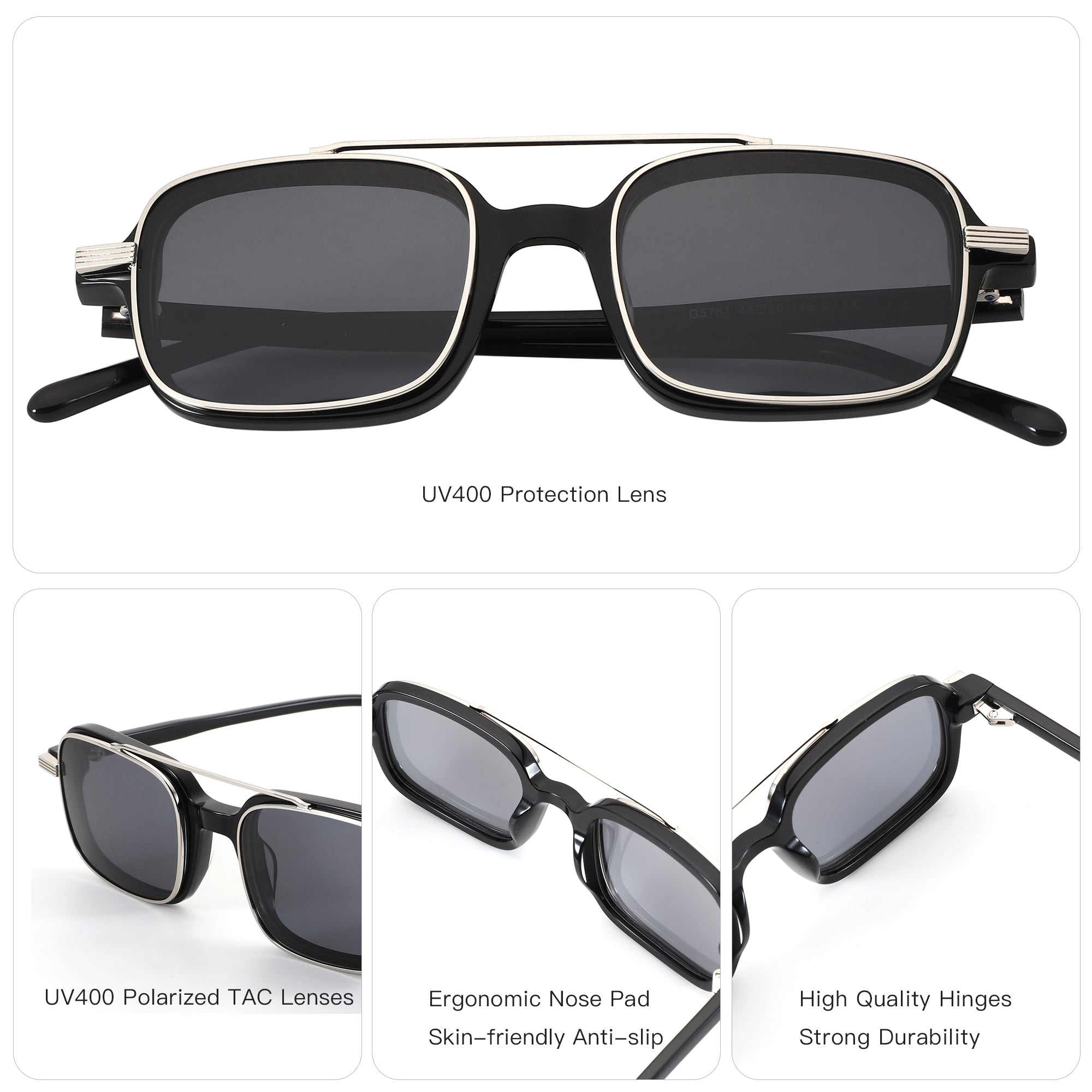 Zenottic Ives men's square acetate sunglasses, UV400 polarized TAC prescription lenses.