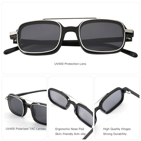 Zenottic Ives men's square acetate sunglasses, UV400 polarized TAC prescription lenses.