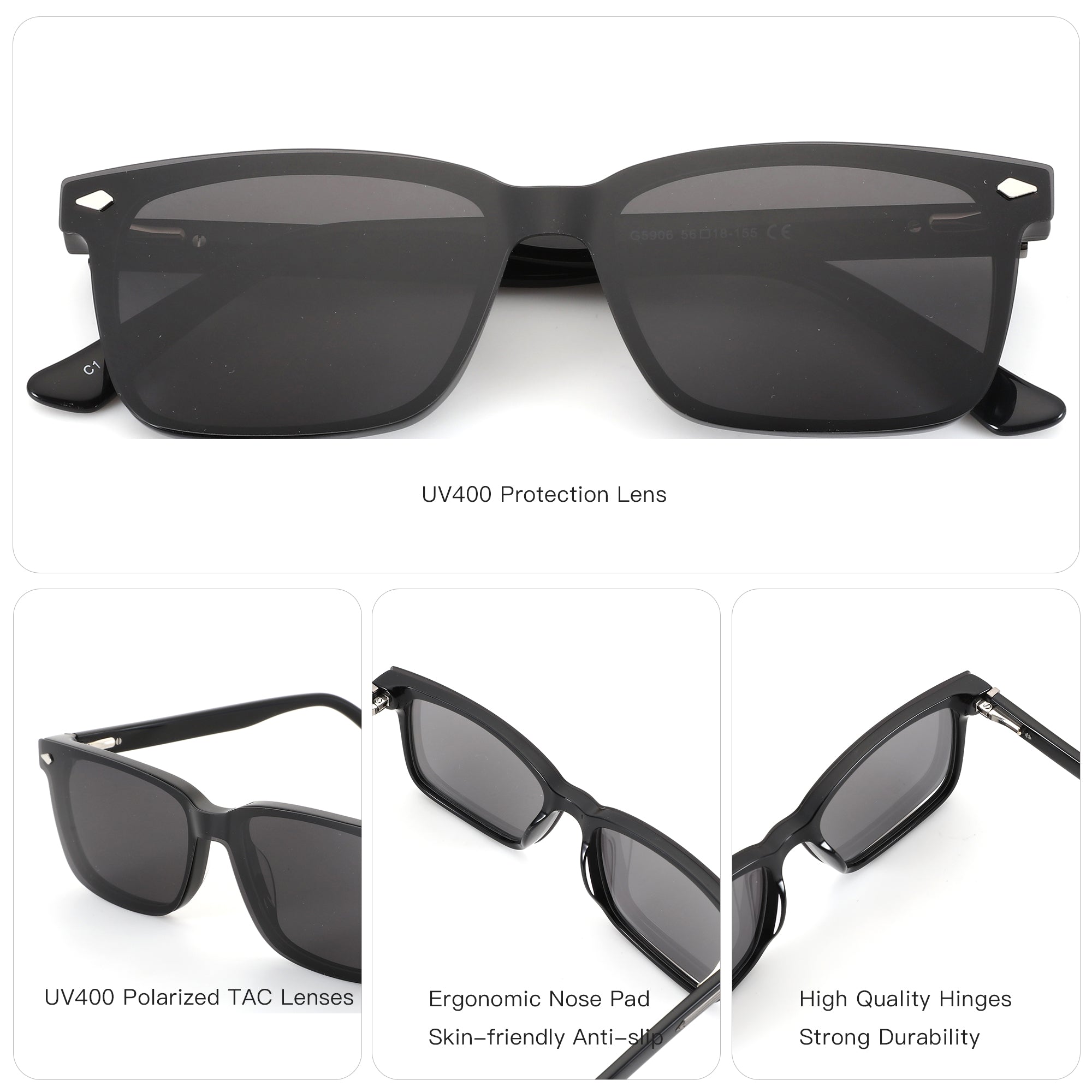 ZENOTTIC Hogan black designer square sunglasses, acetate frame, UV400 polarized TAC lenses.