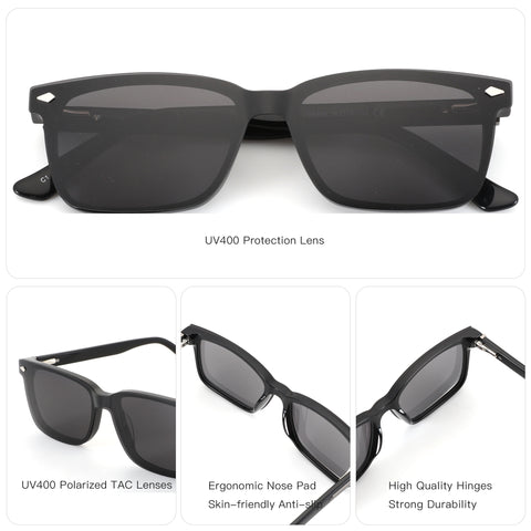ZENOTTIC Hogan black designer square sunglasses, acetate frame, UV400 polarized TAC lenses.