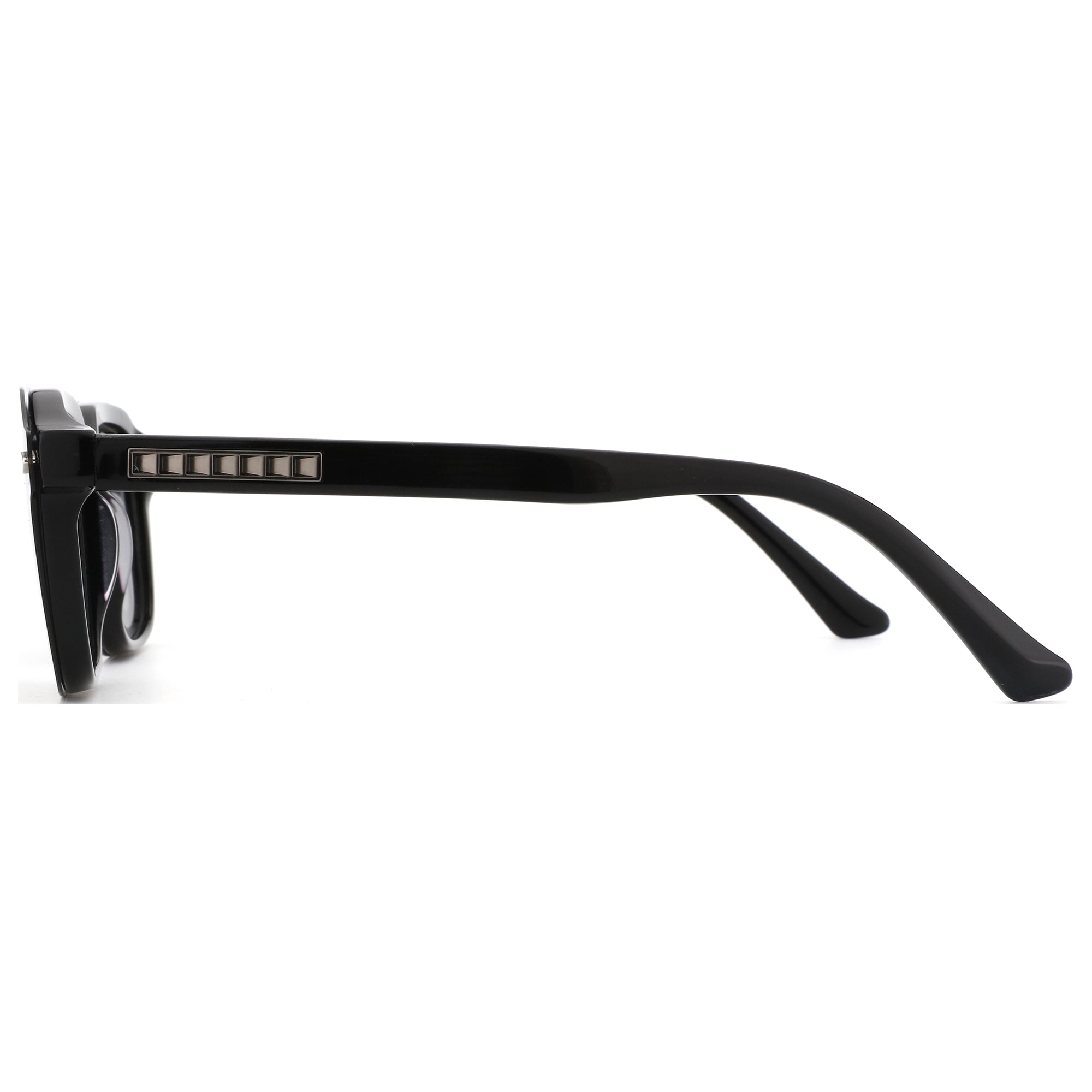 ZENOTTIC Haley black geometric sunglasses with silver geometric inlay on temple.