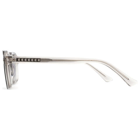Zenottic Haley sunglasses in clear acetate, side view showing geometric hinge detail.