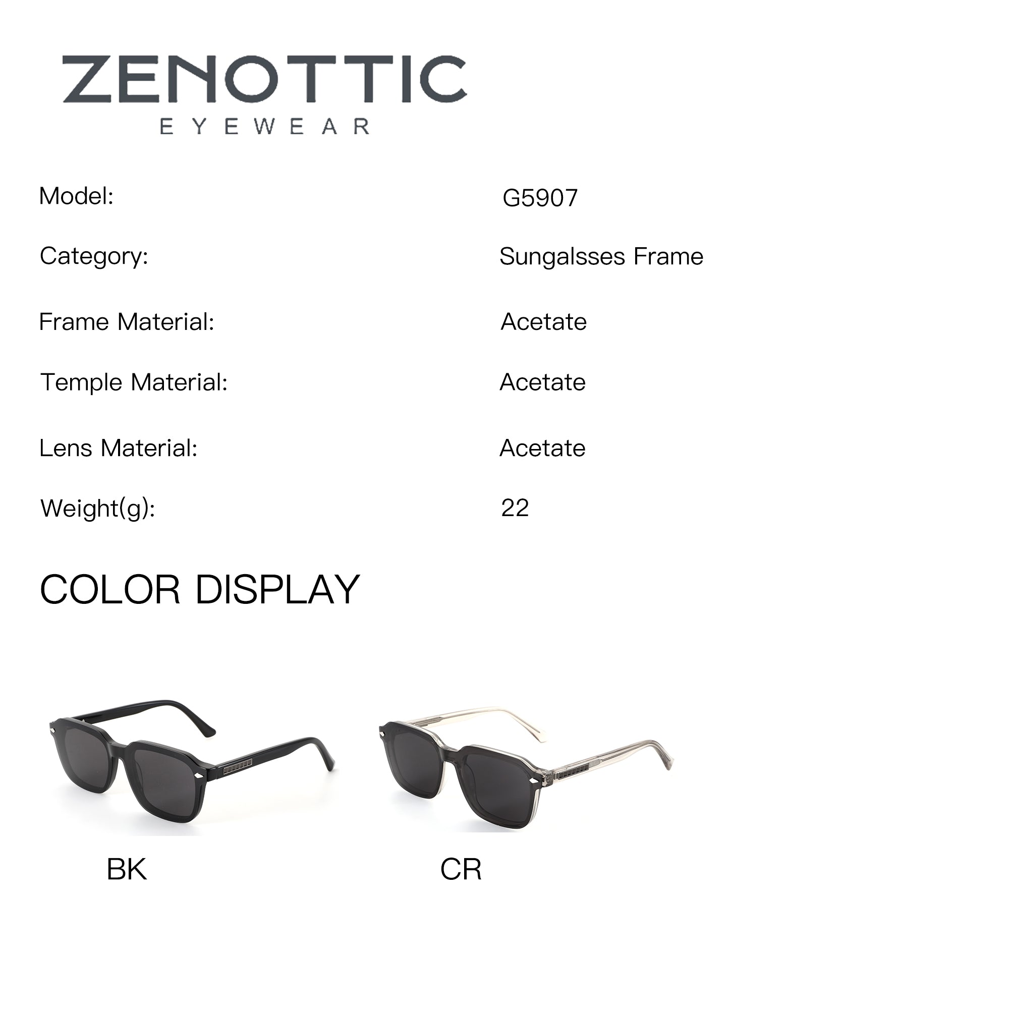 ZENOTTIC G5907 sunglasses: Black acetate frame and clear temple styles with dark lenses.