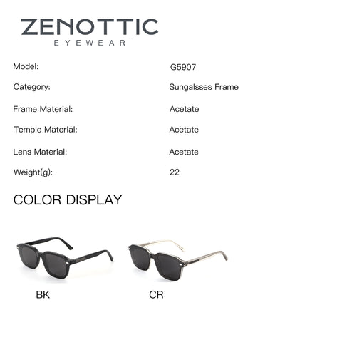 ZENOTTIC G5907 sunglasses: Black acetate frame and clear temple styles with dark lenses.